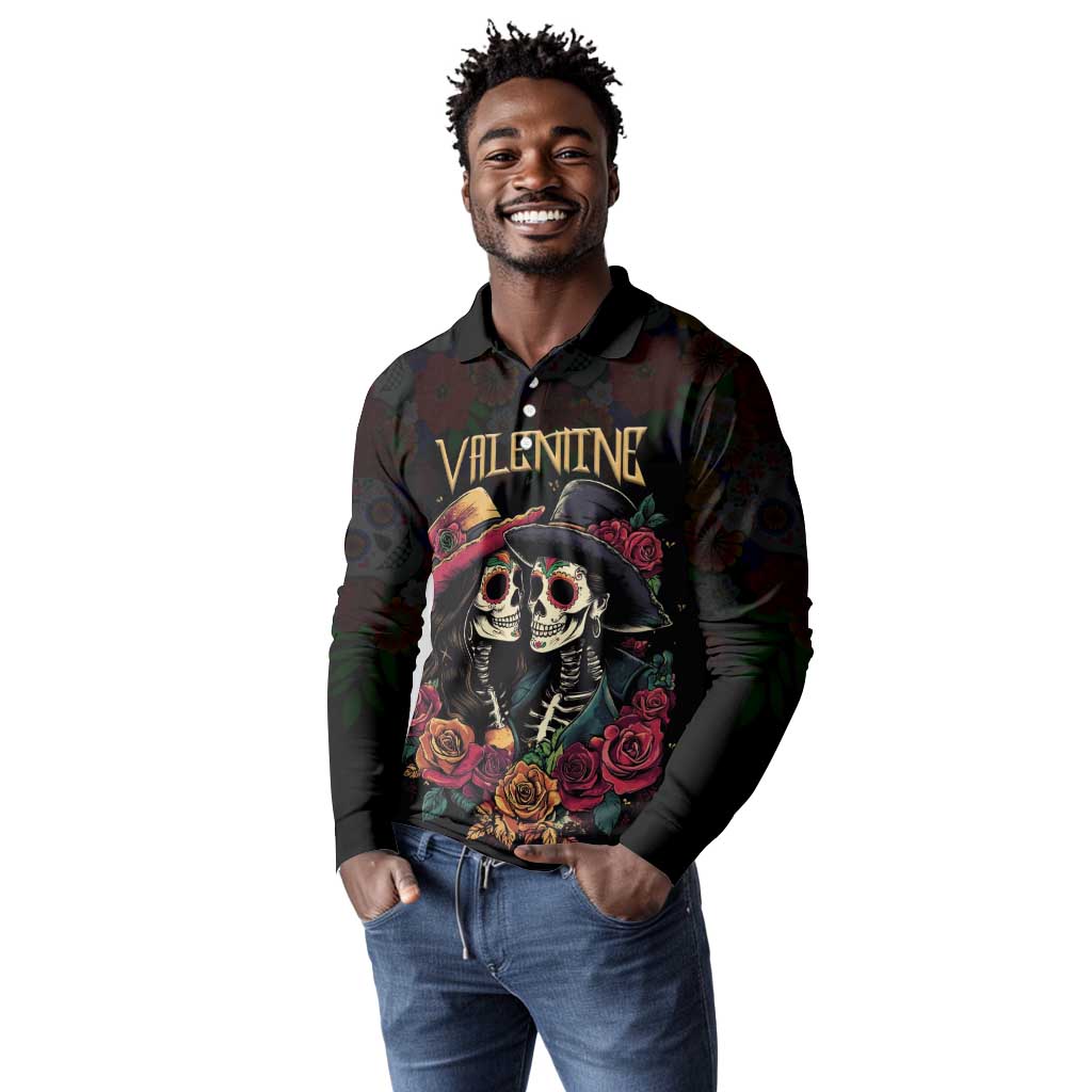 Personalised Sugar Skull Couple Valentine Long Sleeve Polo Shirt Roses Romantic Love