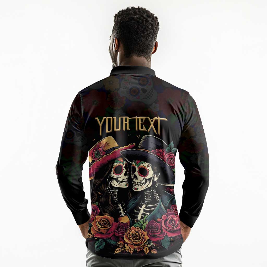 Personalised Sugar Skull Couple Valentine Long Sleeve Polo Shirt Roses Romantic Love