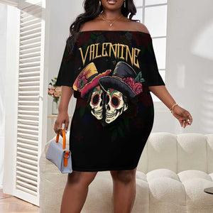 Personalised Sugar Skull Couple Valentine Off Shoulder Short Dress Roses Romantic Love