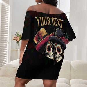 Personalised Sugar Skull Couple Valentine Off Shoulder Short Dress Roses Romantic Love