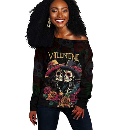 Personalised Sugar Skull Couple Valentine Off Shoulder Sweater Roses Romantic Love