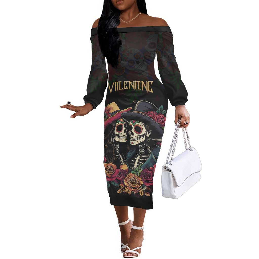 Personalised Sugar Skull Couple Valentine Off The Shoulder Long Sleeve Dress Roses Romantic Love