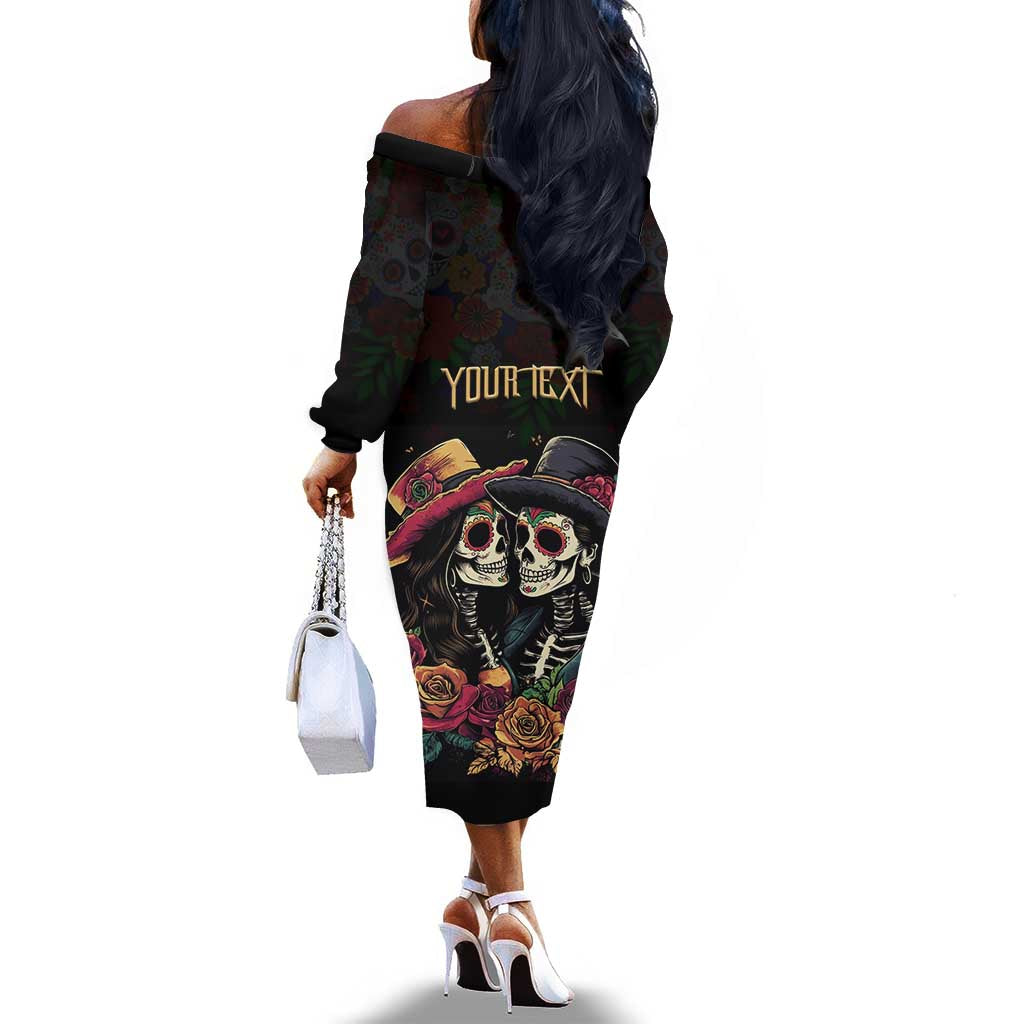 Personalised Sugar Skull Couple Valentine Off The Shoulder Long Sleeve Dress Roses Romantic Love