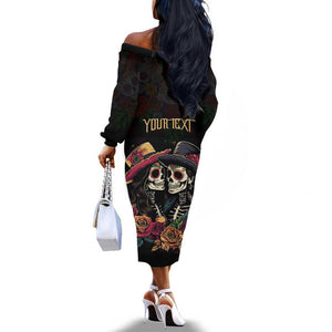 Personalised Sugar Skull Couple Valentine Off The Shoulder Long Sleeve Dress Roses Romantic Love