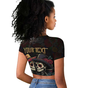 Personalised Sugar Skull Couple Valentine Raglan Cropped T shirt Roses Romantic Love