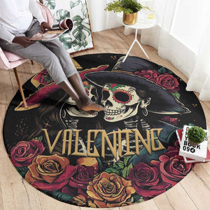 Sugar Skull Couple Valentine Round Carpet Roses Romantic Love