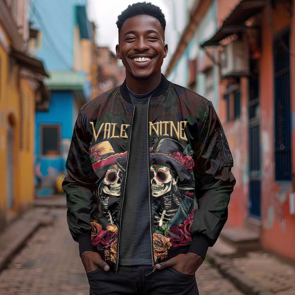 Personalised Sugar Skull Couple Valentine Sleeve Zip Bomber Jacket Roses Romantic Love