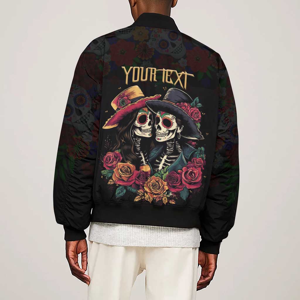 Personalised Sugar Skull Couple Valentine Sleeve Zip Bomber Jacket Roses Romantic Love