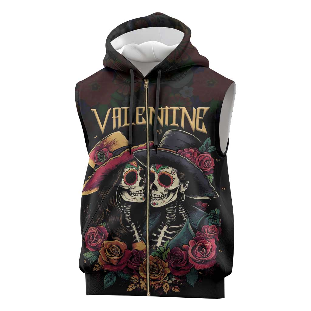 Personalised Sugar Skull Couple Valentine Sleeveless Zip Hoodie Roses Romantic Love - African Pride