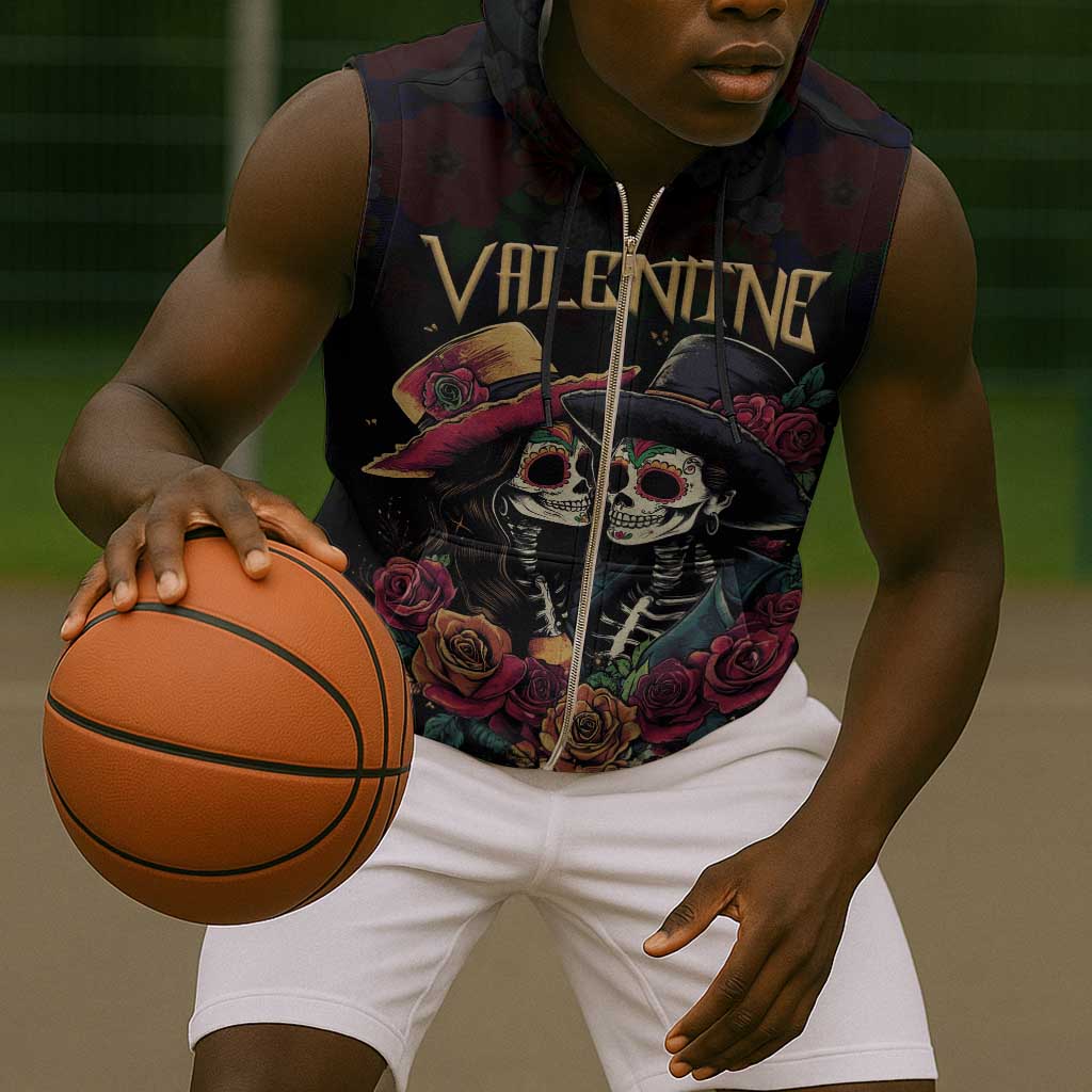Personalised Sugar Skull Couple Valentine Sleeveless Zip Hoodie Roses Romantic Love - African Pride