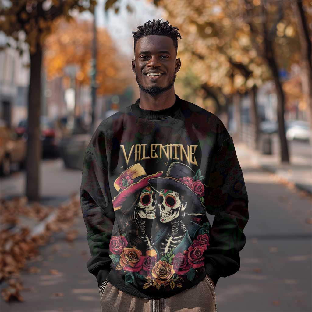 Personalised Sugar Skull Couple Valentine Sweatshirt Roses Romantic Love