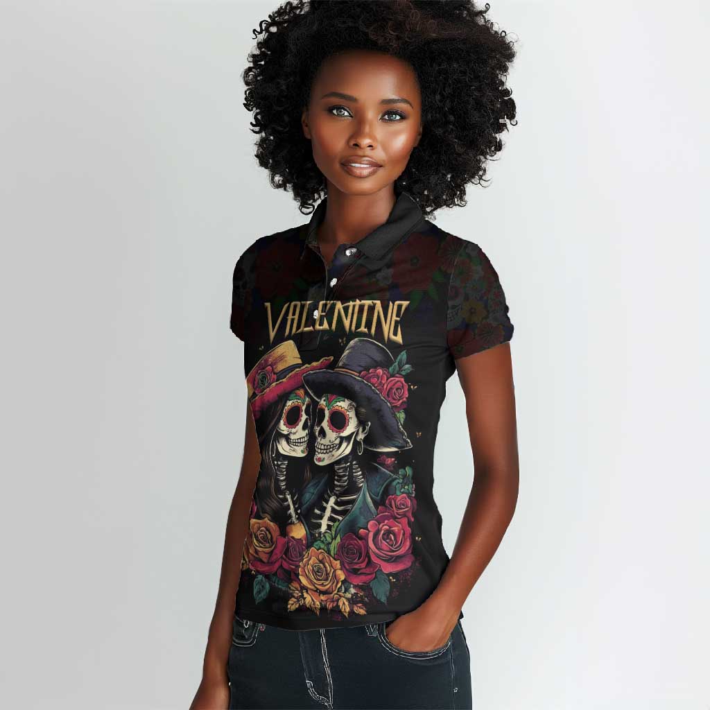 Personalised Sugar Skull Couple Valentine Women Polo Shirt Roses Romantic Love