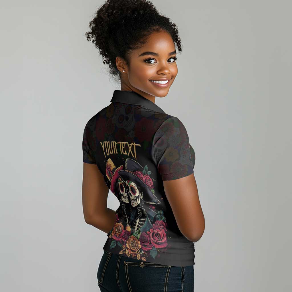 Personalised Sugar Skull Couple Valentine Women Polo Shirt Roses Romantic Love