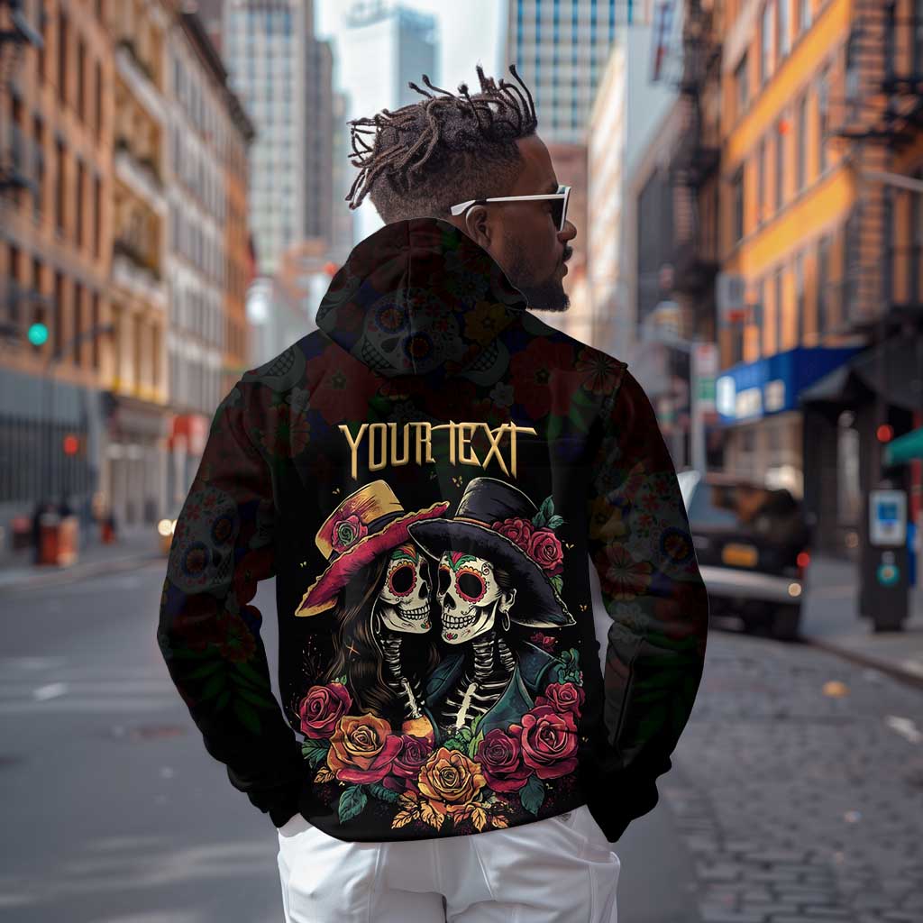 Personalised Sugar Skull Couple Valentine Zip Hoodie Roses Romantic Love