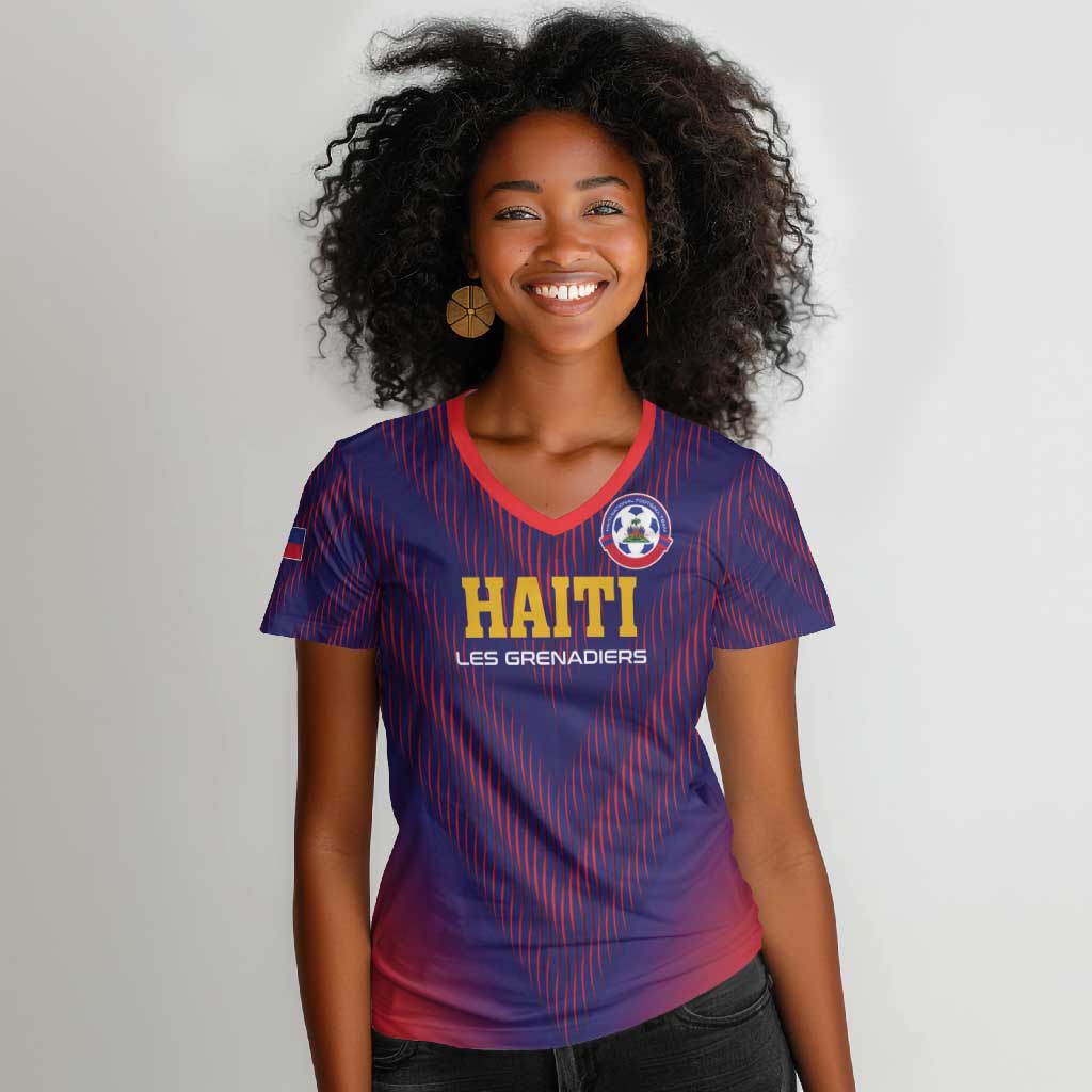 Custom Afro Haiti Football Women V-Neck T-Shirt Come On Les Grenadiers