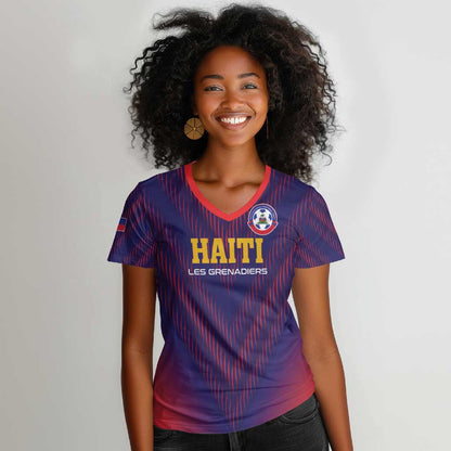 Custom Afro Haiti Football Women V-Neck T-Shirt Come On Les Grenadiers