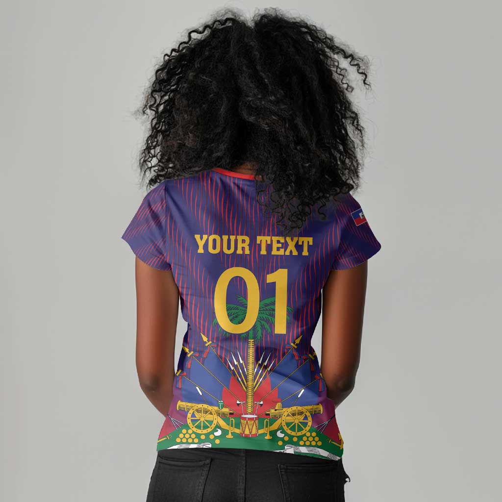 Custom Afro Haiti Football Women V-Neck T-Shirt Come On Les Grenadiers