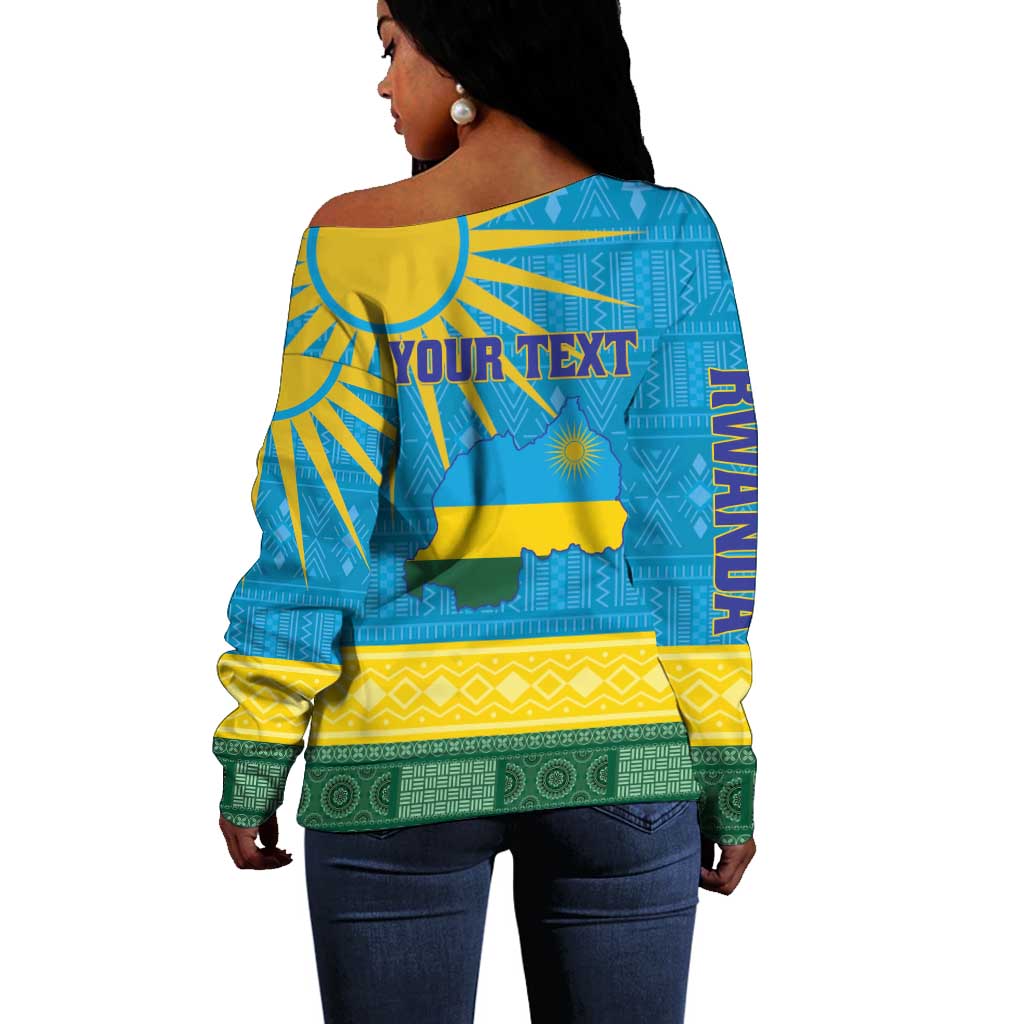 Personalized Rwanda Off Shoulder Sweater Coat of Arms With African Pattern