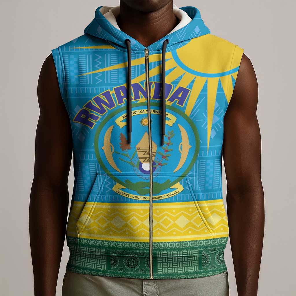 Personalized Rwanda Sleeveless Zip Hoodie Coat of Arms With African Pattern - African Pride