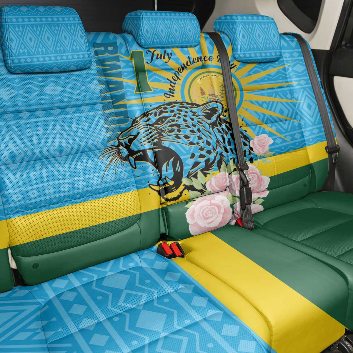 Rwanda Independence Day Back Car Seat Cover Leopard With Roses