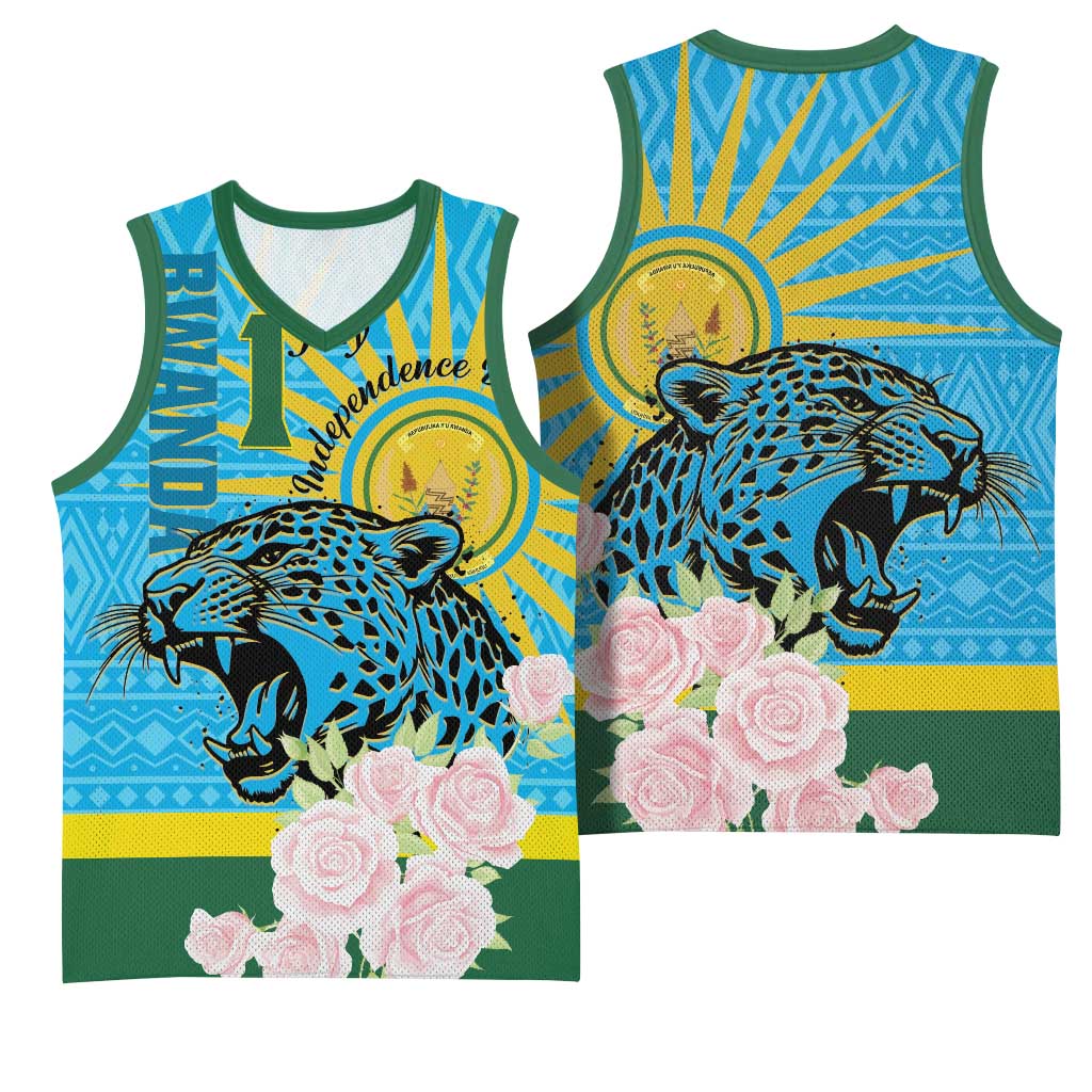 Rwanda Independence Day Basketball Jersey Leopard With Roses - African Pride