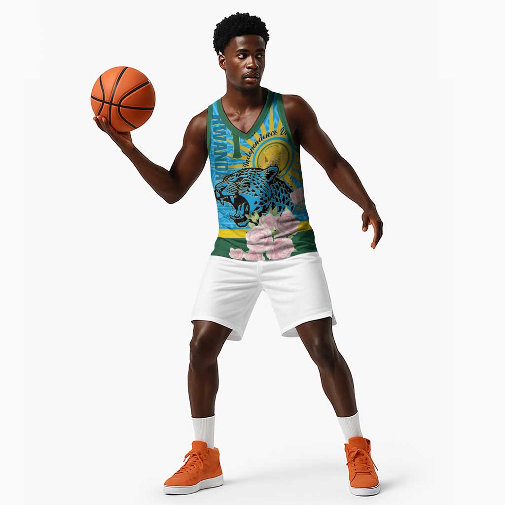 Rwanda Independence Day Basketball Jersey Leopard With Roses - African Pride