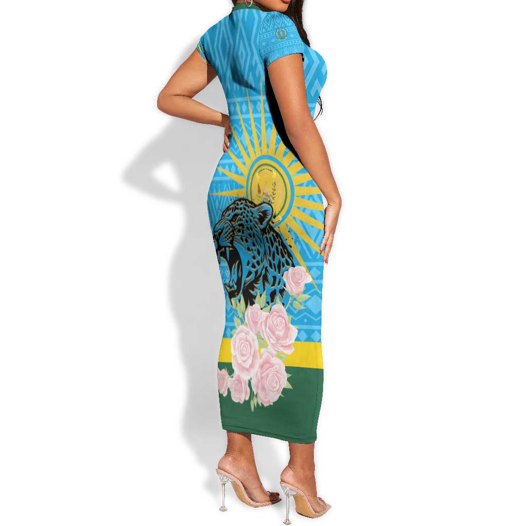 Rwanda Independence Day Short Sleeve Bodycon Dress Leopard With Roses LT01