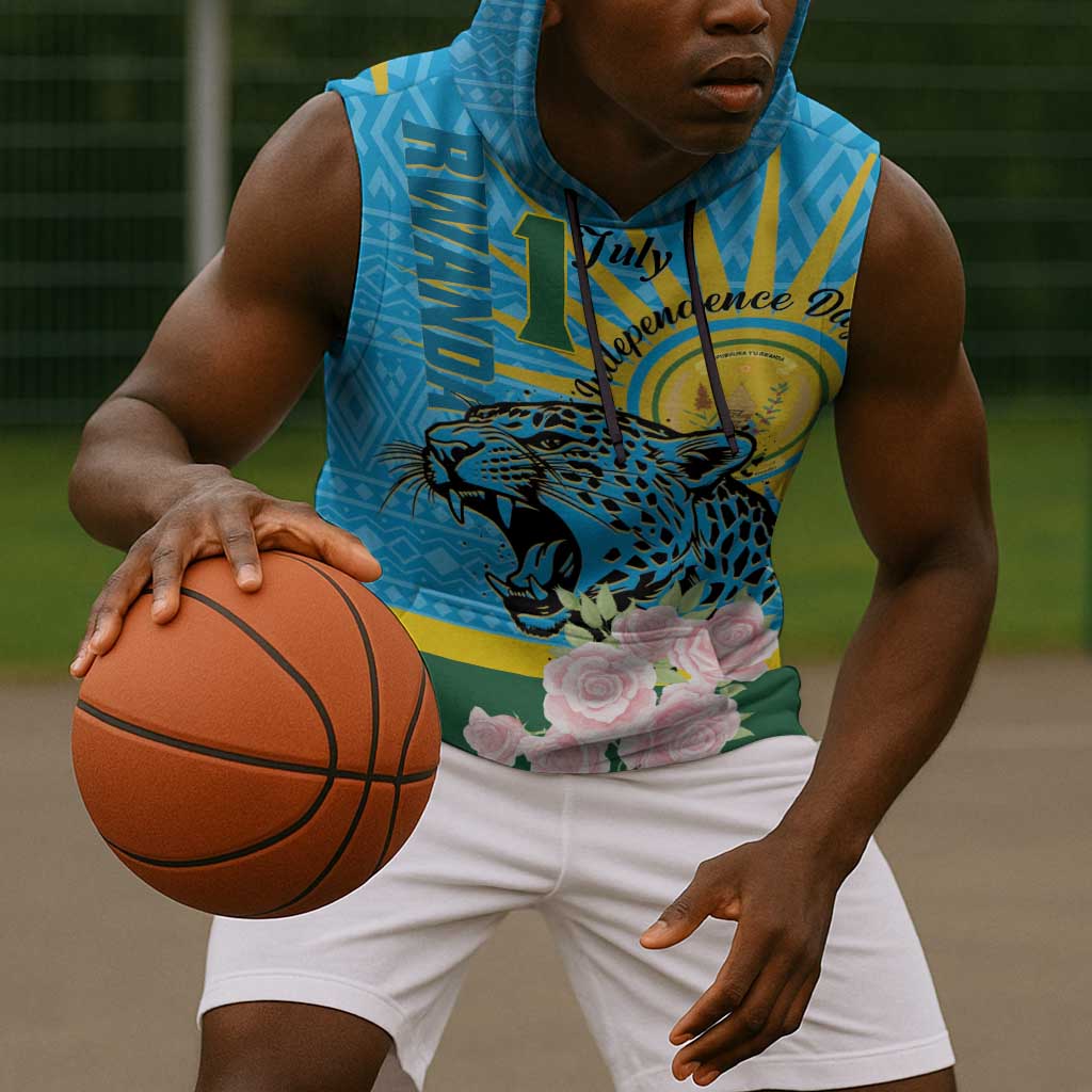 Rwanda Independence Day Sleeveless Hoodie Leopard With Roses - African Pride