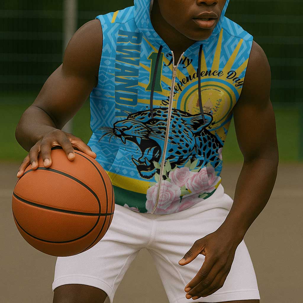 Rwanda Independence Day Sleeveless Zip Hoodie Leopard With Roses - African Pride