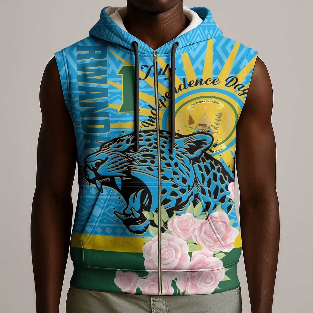 Rwanda Independence Day Sleeveless Zip Hoodie Leopard With Roses - African Pride