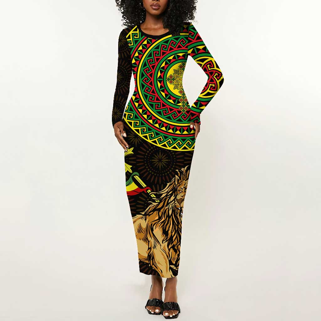 Ethiopia National Day Long Sleeve Bodycon Dress Lion Of Judah African Pattern LT01