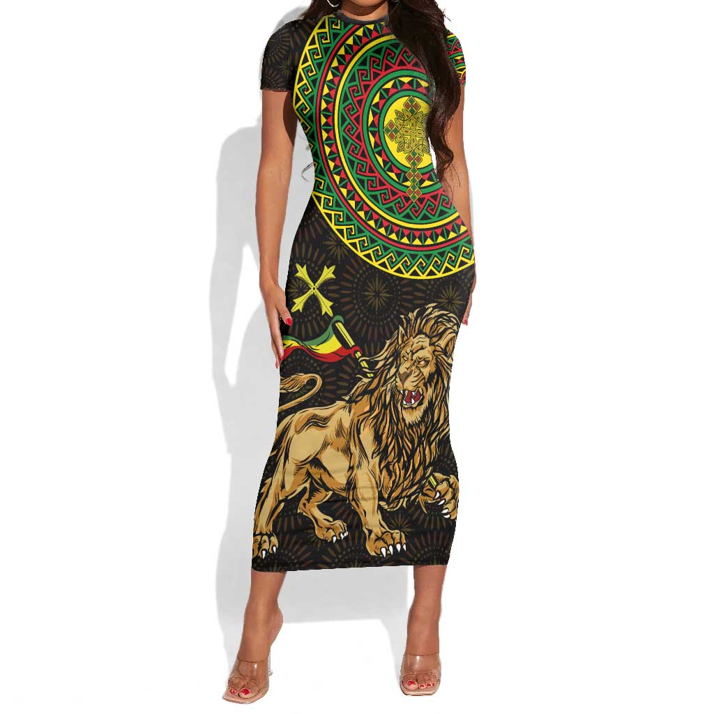 Ethiopia National Day Short Sleeve Bodycon Dress Lion Of Judah African Pattern LT01