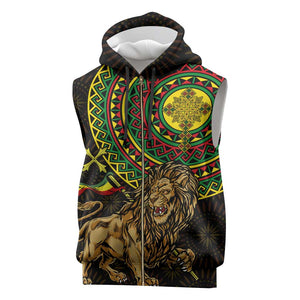 Ethiopia National Day Sleeveless Zip Hoodie Lion Of Judah African Pattern - African Pride