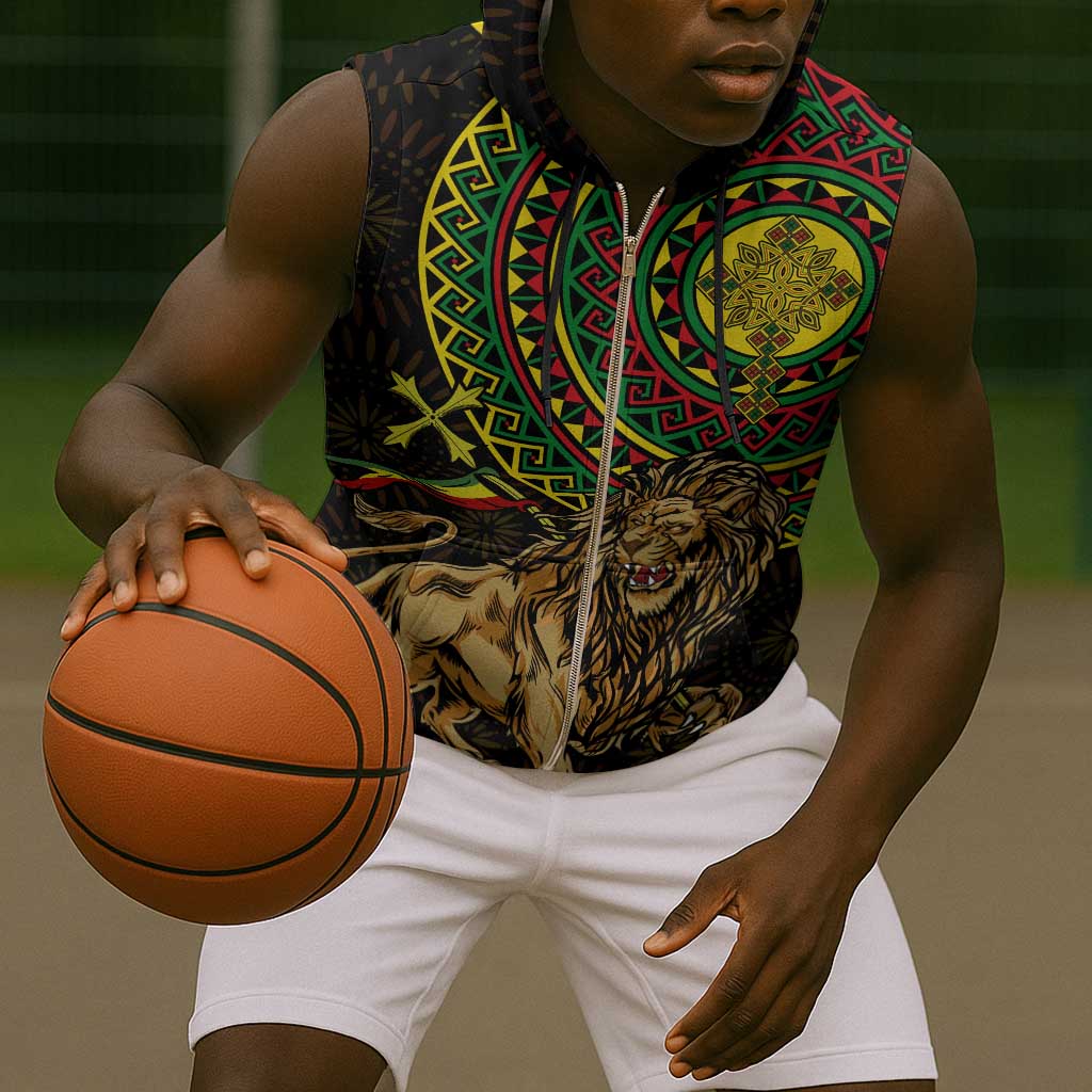 Ethiopia National Day Sleeveless Zip Hoodie Lion Of Judah African Pattern - African Pride