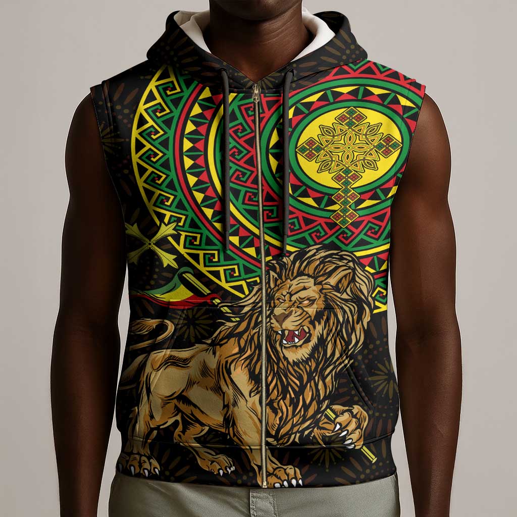 Ethiopia National Day Sleeveless Zip Hoodie Lion Of Judah African Pattern - African Pride