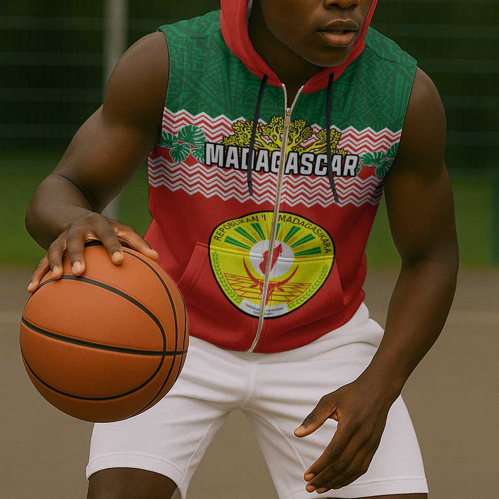 Personalized Madagascar Sleeveless Zip Hoodie with Madagasikara Seal and Baobab African Pattern - African Pride