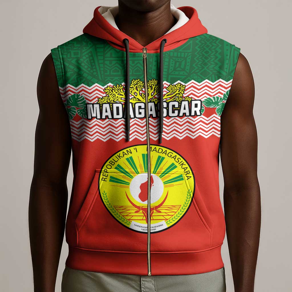 Personalized Madagascar Sleeveless Zip Hoodie with Madagasikara Seal and Baobab African Pattern - African Pride