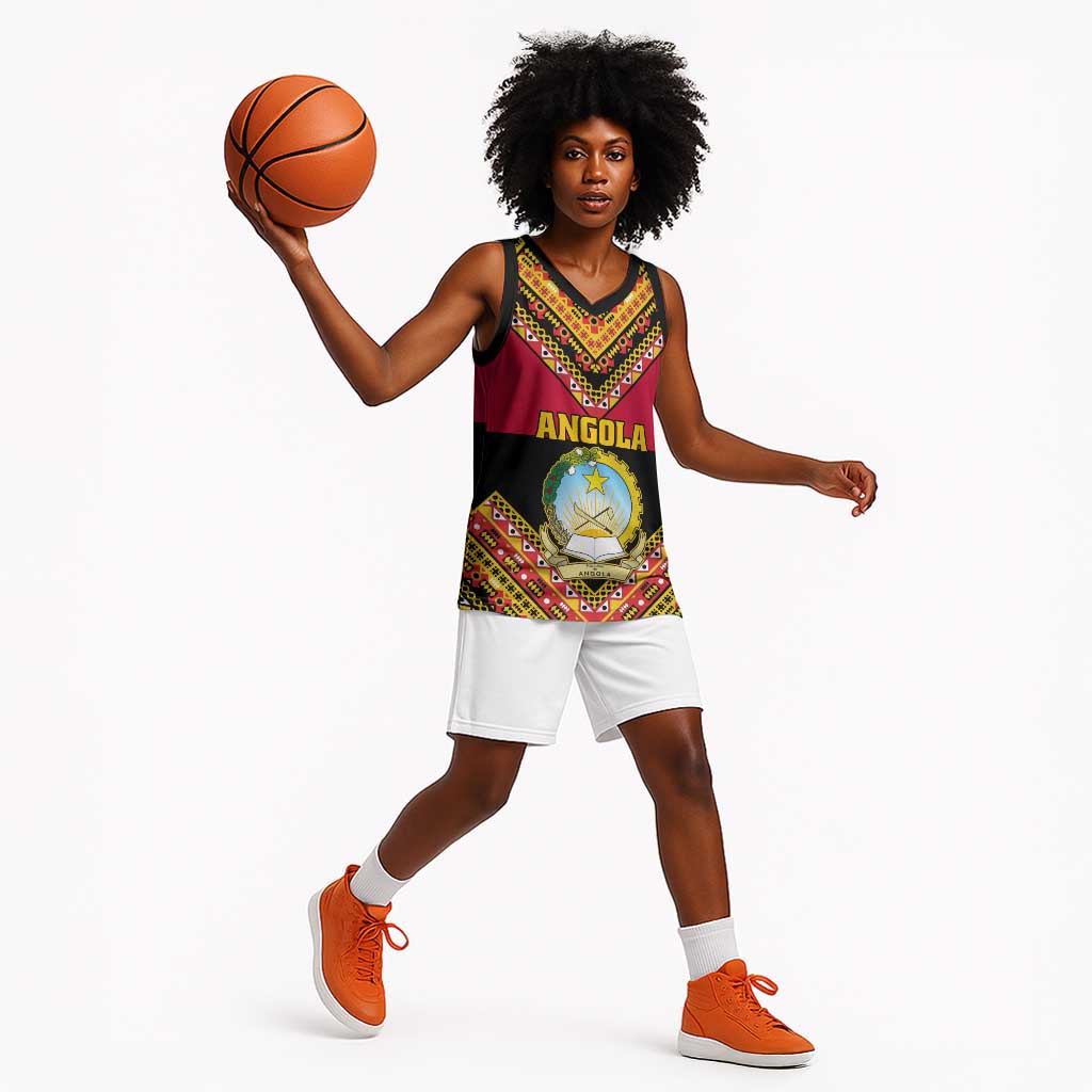 Angola Independence Day Basketball Jersey with Coat of Arms and Samakaka Pattern - African Pride