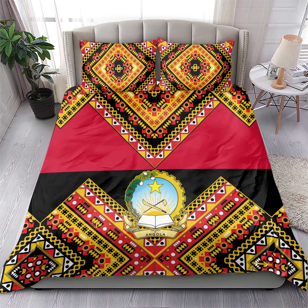 Angola Independence Day Bedding Set with Coat of Arms and Samakaka Pattern