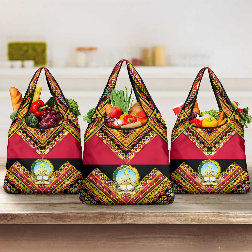 Angola Independence Day Grocery Bag with Coat of Arms and Samakaka Pattern