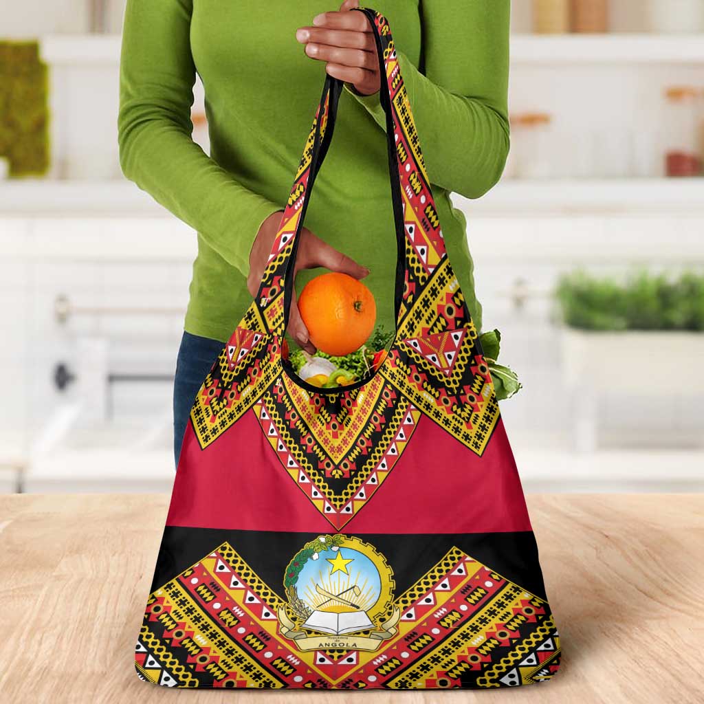 Angola Independence Day Grocery Bag with Coat of Arms and Samakaka Pattern