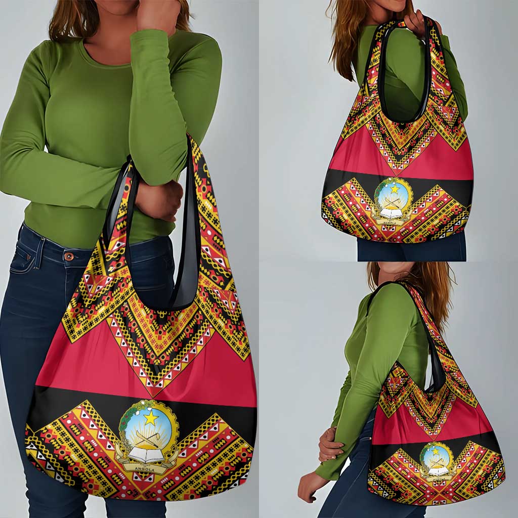 Angola Independence Day Grocery Bag with Coat of Arms and Samakaka Pattern