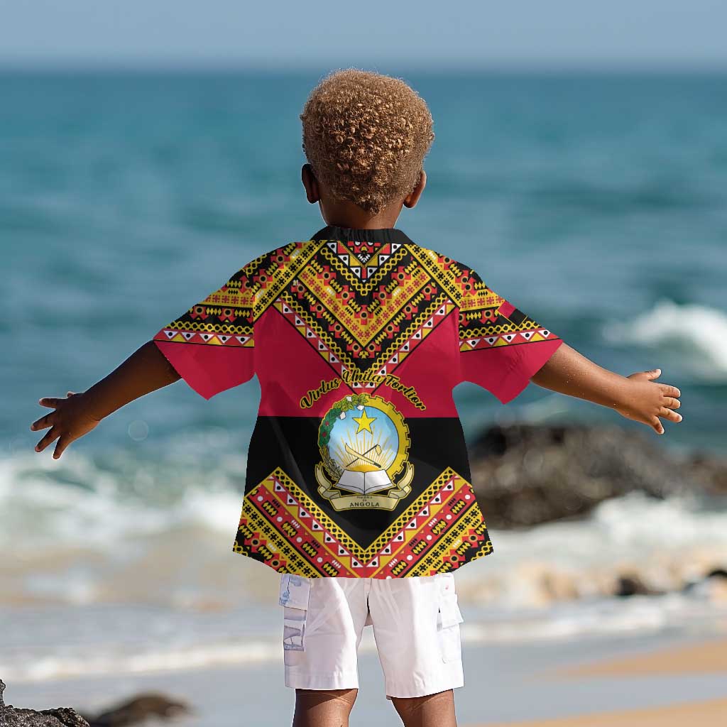 Angola Independence Day Kid Hawaiian Shirt with Coat of Arms and Samakaka Pattern