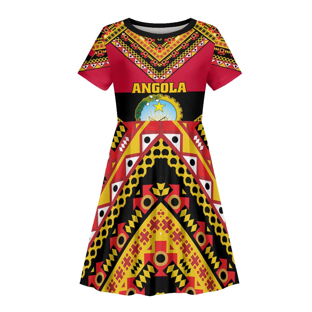 Angola Independence Day Kid Short Sleeve Dress with Coat of Arms and Samakaka Pattern