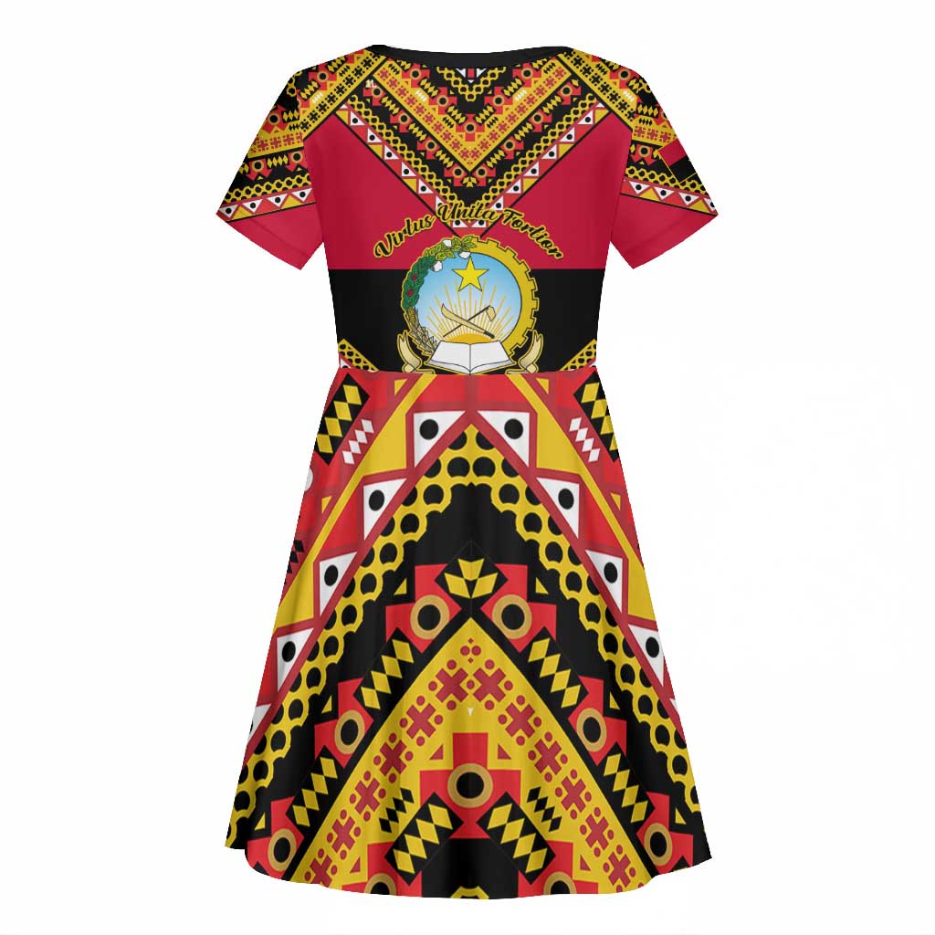 Angola Independence Day Kid Short Sleeve Dress with Coat of Arms and Samakaka Pattern