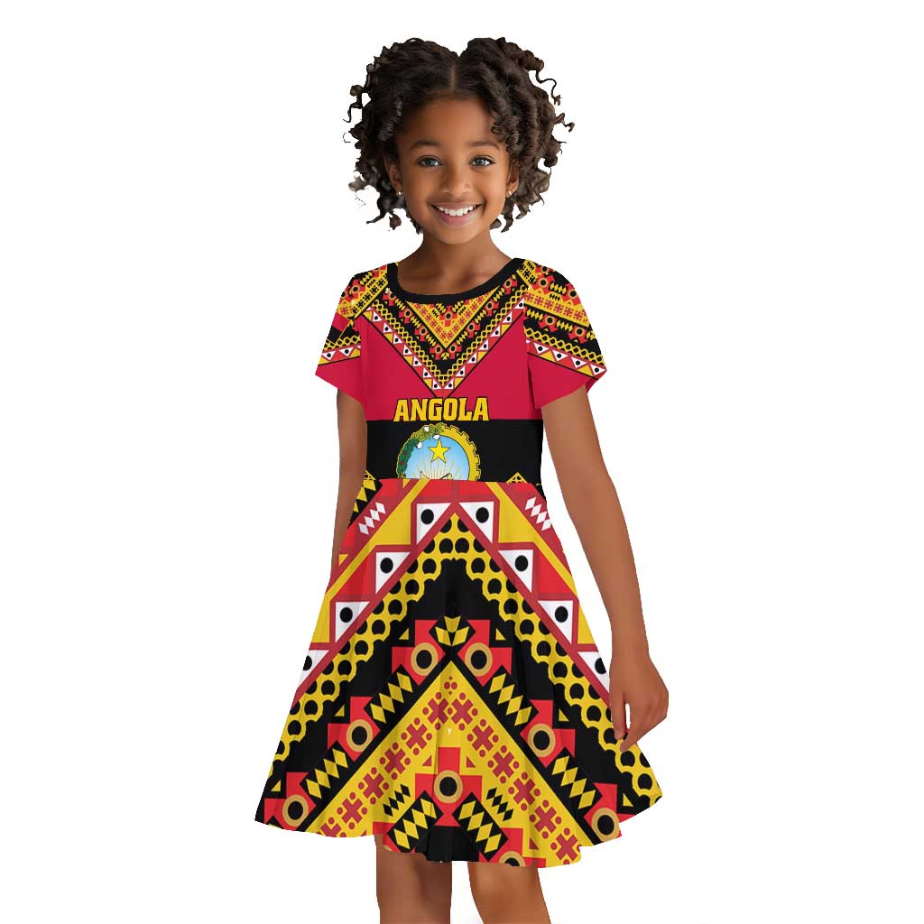 Angola Independence Day Kid Short Sleeve Dress with Coat of Arms and Samakaka Pattern