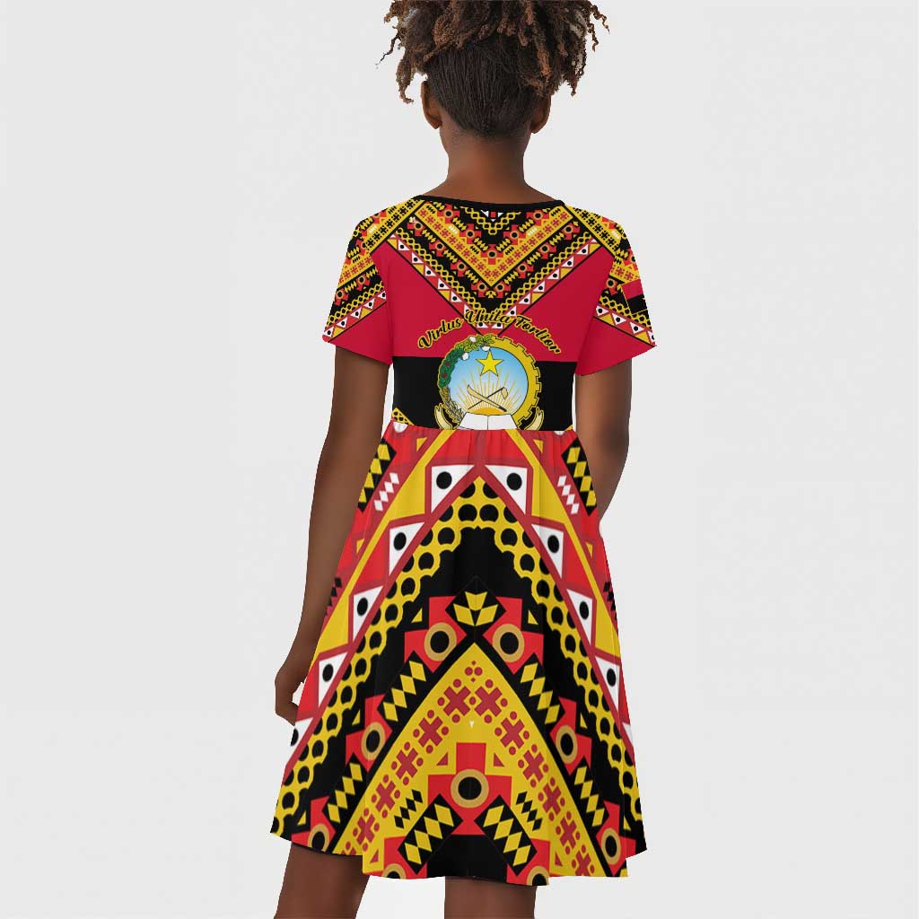 Angola Independence Day Kid Short Sleeve Dress with Coat of Arms and Samakaka Pattern