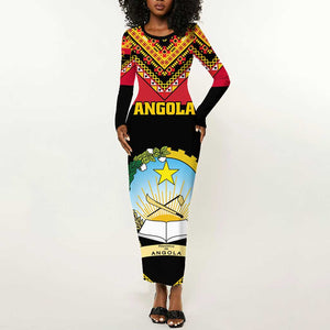 Angola Independence Day Long Sleeve Bodycon Dress with Coat of Arms and Samakaka Pattern LT01