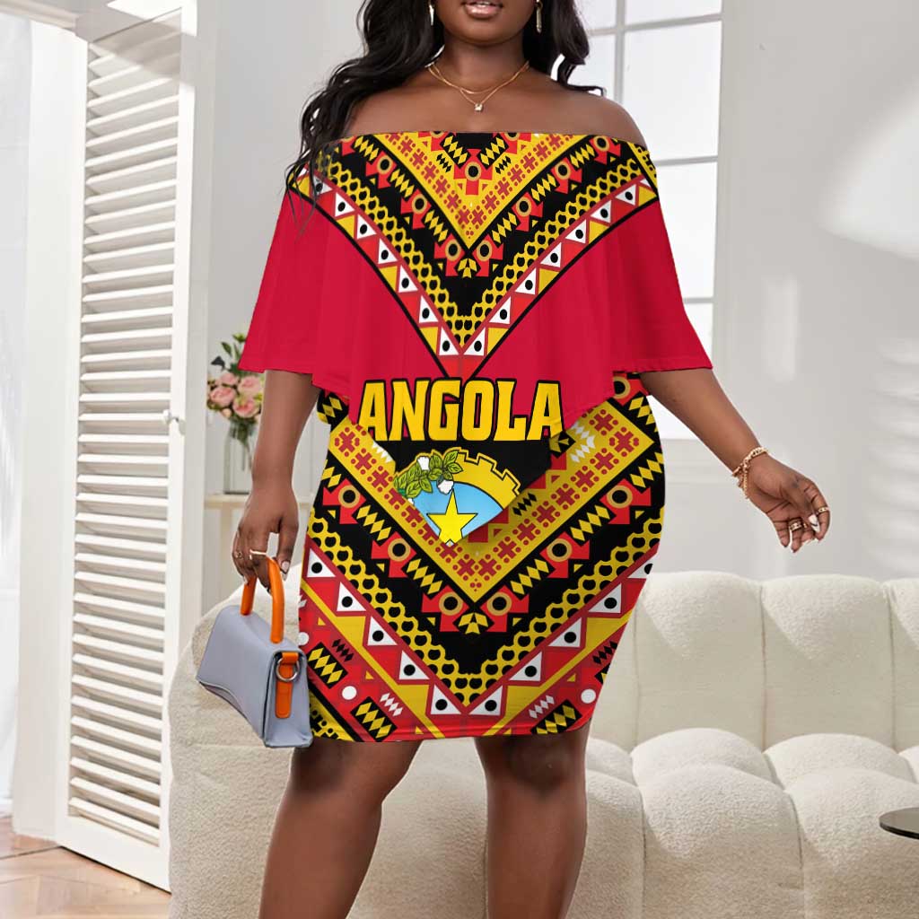 Angola Independence Day Off Shoulder Short Dress with Coat of Arms and Samakaka Pattern LT01