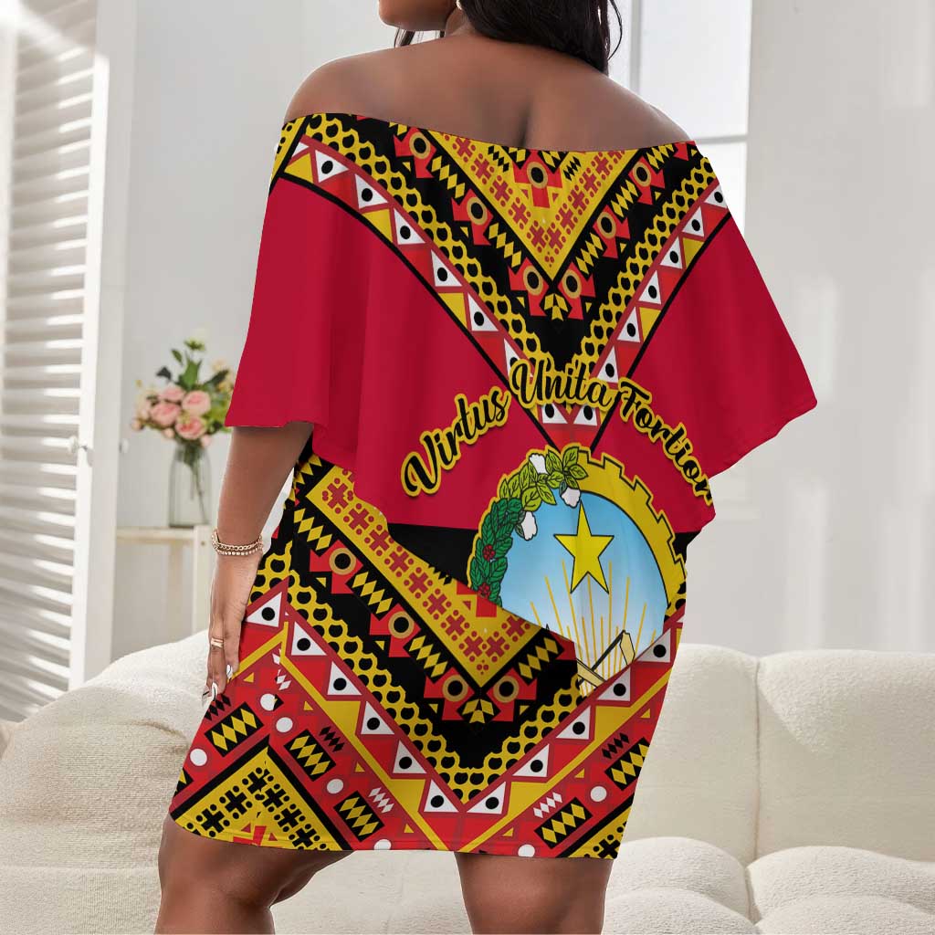 Angola Independence Day Off Shoulder Short Dress with Coat of Arms and Samakaka Pattern LT01